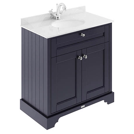 Old London 800mm Cabinet & Single Bowl White Marble Top - Twilight Blue 1 Old London 800mm Cabinet & Single Bowl White Marble Top - Twilight Blue