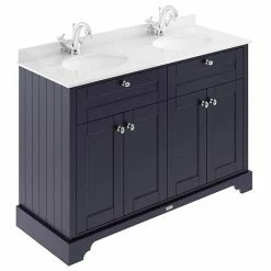 Old London 1200mm Cabinet & Double Bowl White Marble Top - Twilight Blue