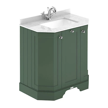 Old London Hunter Green Art Deco 750mm Angled Cabinet With White Marble Basin Top 1 Old London Hunter Green Art Deco 750mm Angled Cabinet With White Marble Basin Top