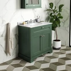 Old London 1000mm Cabinet & Single Bowl Grey Marble Top - Hunter Green -Old London Shop LOF878 D2 460